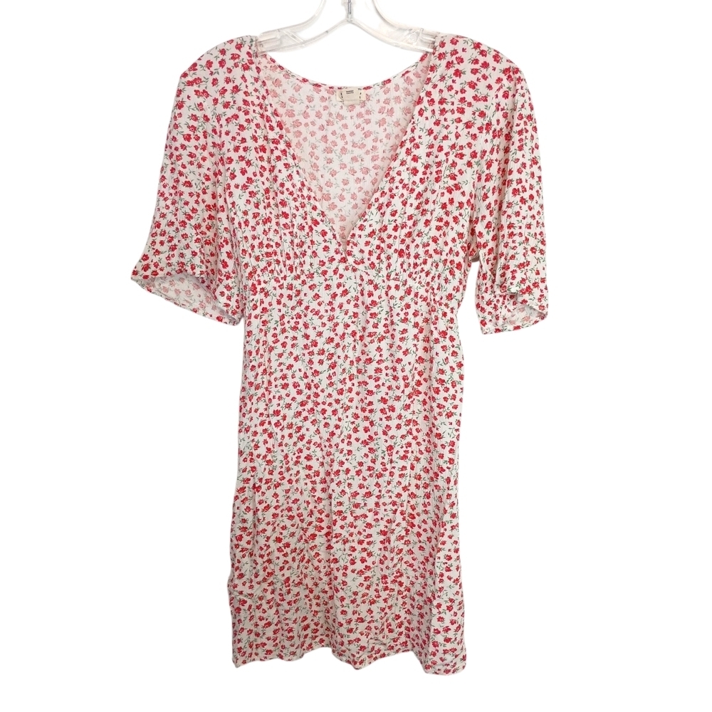 BillaBong -White Floral V-Neck Mini Dress with Red Rose Print - Size Small